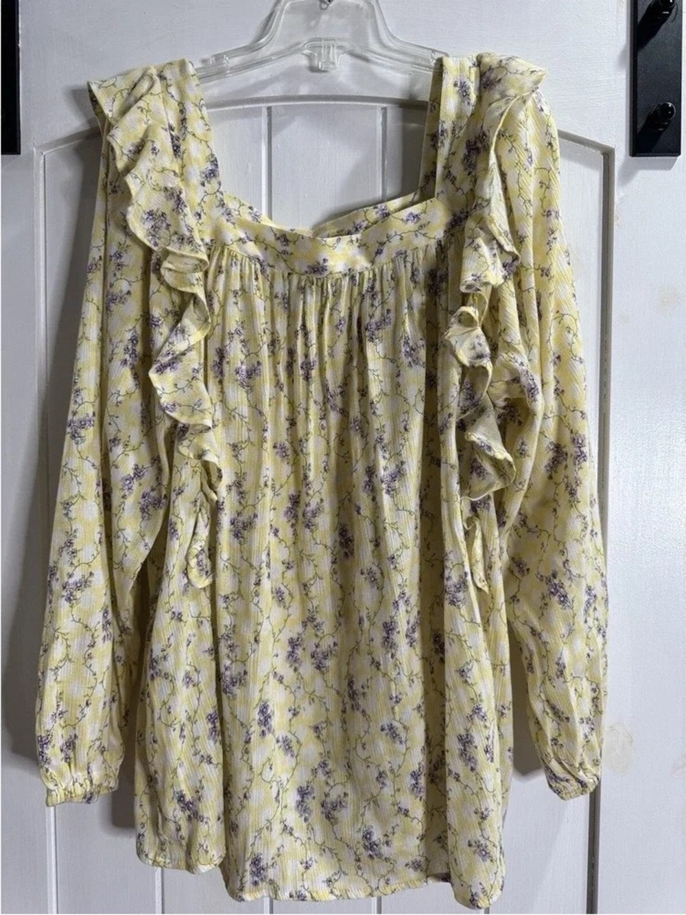 Chaps Yellow Floral Ruffle Long-Sleeve Top